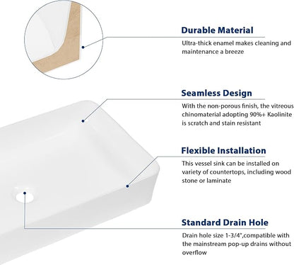 Sarlai 24 Vessel Sink Rectangle - 24 x 14 Inch Bathroom Sink Modern Large Rectangular Above Counter White Porcelain Ceramic Bathroom Vessel Vanity Sink Art Basin