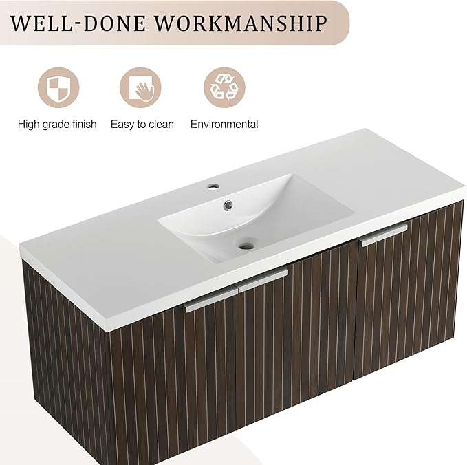 SSLine Wall Mounted Bathroom Vanity with Sink Combo Modern 48-Inch Single Bathroom Vanity Set with Top Basin &Storage Cabinet Wood Hanging Bath Cabinet w/Resin Sink(Dark Brown Stripe)