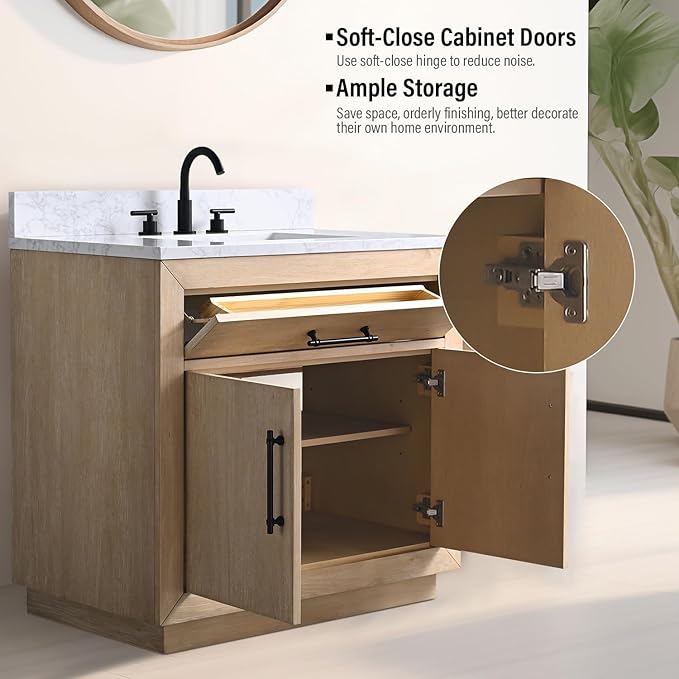 Vanity Art 36 inch Bathroom Vanity with Sink, Vanity Cabinet with Doors and Removable Shelf, Modern Wood Cabinet with White Marble Top, Solid Wood Frame, Ceramic Sink VA70-36-LW-E