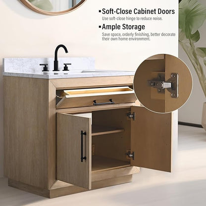 Vanity Art 36 inch Bathroom Vanity with Sink, Vanity Cabinet with Doors and Removable Shelf, Modern Wood Cabinet with White Marble Top, Solid Wood Frame, Ceramic Sink VA70-36-LW-E