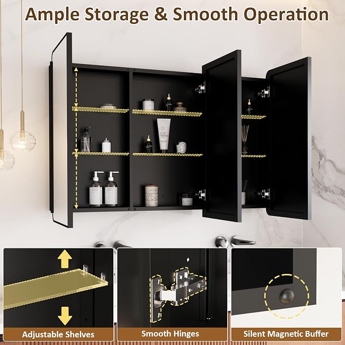Medicine Cabinet Mirror 48x32 Inch, Triple-Door Bathroom Mirror Cabinet with Glass Adjustable Shelves, 3-Compartment Bathroom Mirror with Storage Recessed or Wall Mount