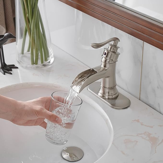 BWE Brass Brushed Nickel Waterfall Sink Faucet, Classic & Modern (No Drain) | Wide Waterfall Spout, Ceramic Cartridge, Fits 1 or 3-Hole Sink, Single Handle, Easy Install, Corrosion Resistance