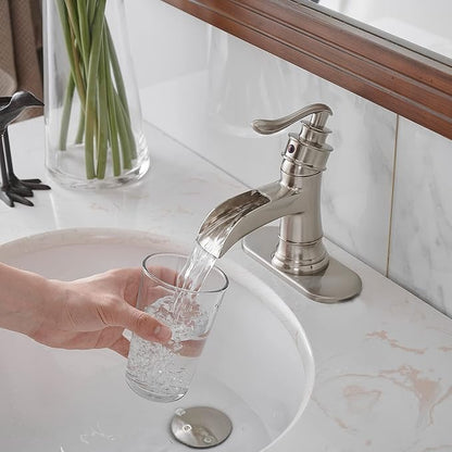 BWE Brass Brushed Nickel Waterfall Sink Faucet, Classic & Modern (No Drain) | Wide Waterfall Spout, Ceramic Cartridge, Fits 1 or 3-Hole Sink, Single Handle, Easy Install, Corrosion Resistance