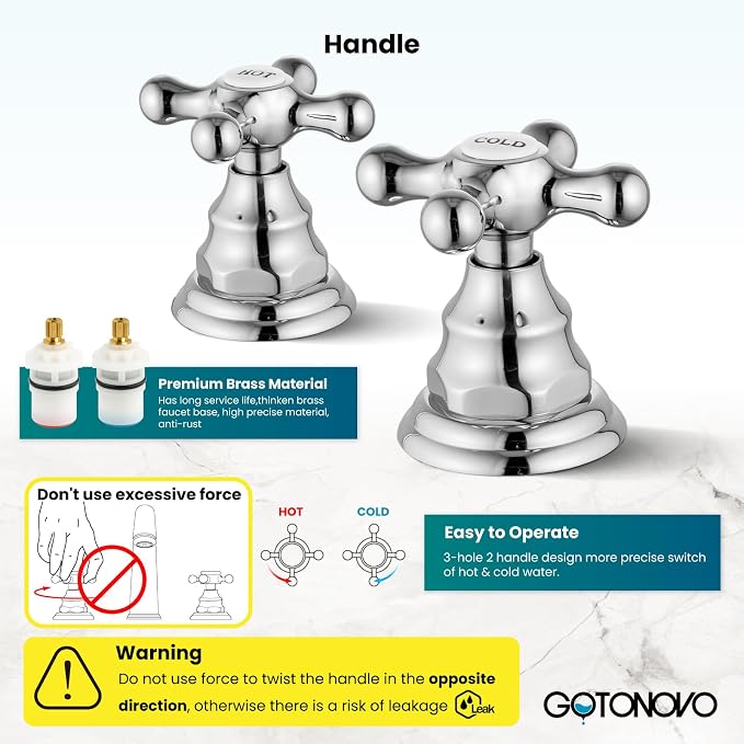 gotonovo Widespread Bathroom Sink Faucet 3 Hole Polished Chrome,H&C Label | Vintage 8’’ Bathroom Faucet,2 Cross Handle,6-16’’ Sink,Vanity,RV,Farmhouse,SUS304,24’’ cUPC Hose,Pop Up Drain,Deck Mount