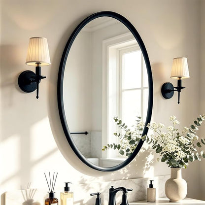 Black Oval Bathroom Mirror 20x28 Inch | Vanity Wall Mirror, Crystal-Clear HD Glass, Rust-Proof Aluminum Frame, Inner-Curved Decor for Bedroom, Entryway Renovation