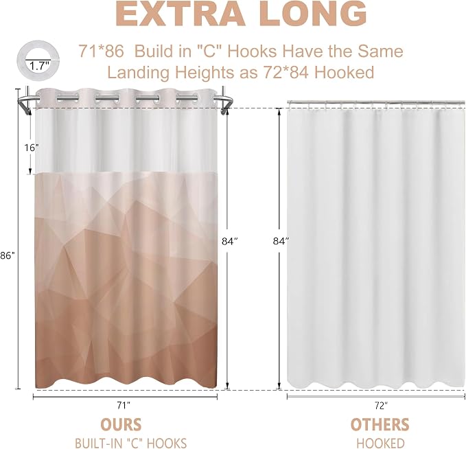 No Hook Shower Curtain with Snap in Liner Set, Peach, 71x86 | Waterproof Fabric for Bathroom, Modern Hotel Style Ombre Design, Mesh Top Window, Machine Washable, Quick Install