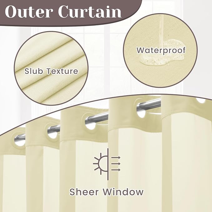 SORTTO No Hook Slub Shower Curtain with Liner, 71x74, Sand | Snap in Liner, 3 in 1, Bamboo Texture, Hotel Style, Waterproof Fabric, Mesh Top Window, Corner Magnets, Machine Washable