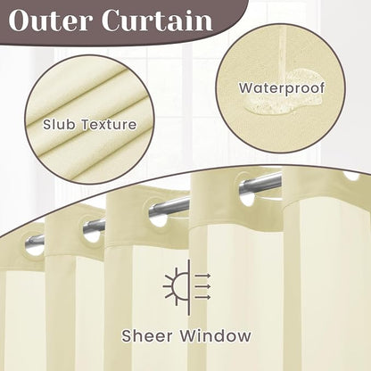 SORTTO No Hook Slub Shower Curtain with Liner, 71x74, Sand | Snap in Liner, 3 in 1, Bamboo Texture, Hotel Style, Waterproof Fabric, Mesh Top Window, Corner Magnets, Machine Washable