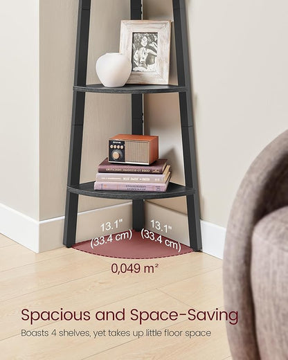 VASAGLE Corner Shelf Stand, 4-Tier Corner Bookshelf, Industrial Ladder Shelf, Plant Stand for Living Room, Office, Kitchen, Charcoal Gray and Matte Black ULLS034B22