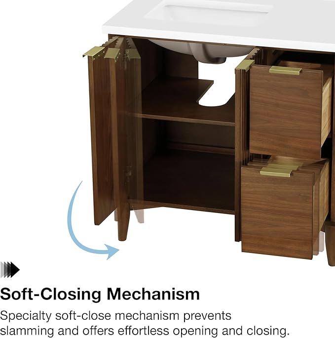 OVE Decors Indy 36 in. Undermount Single Sink Bathroom Vanity with White Engineered Marble Top, Warm Walnut