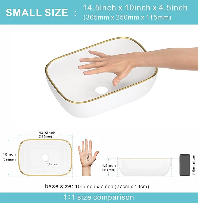 J-FAMILY 14.5'' x 10'' Bathroom Small Vessel Sink Above Counter White Porcelain Ceramic Sink Bowl GoldTrim Decoration Small Vanity Sink Lavatory Wash Basin