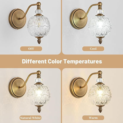 1 Piece Vintage Wall Sconce, 1-Light Mid Century Matte Antique Brass Finish Wall Sconce with Globe Glass Shade, Retro Light for Bathroom, Bedroom, Living Room,Powder Room