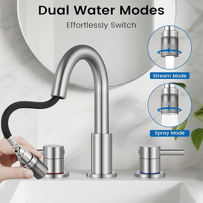 Bathroom Faucet 3 Hole, 8 Inch Widespread 2 Handle Pull Down Bathroom Sink Faucets with Pop Up Drain and 360° Swivel Spout, Brushed Nickel