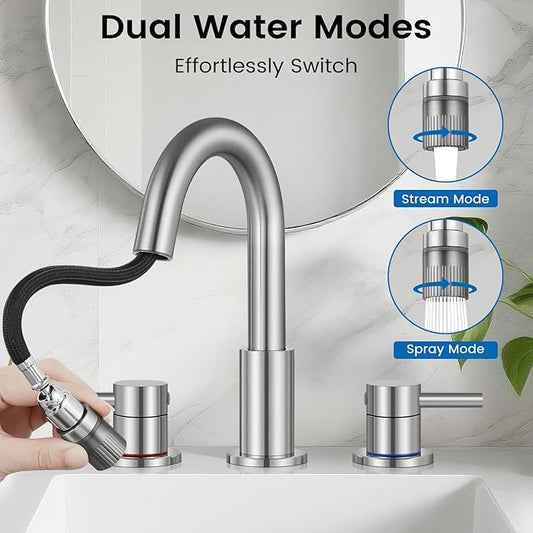 Bathroom Faucet 3 Hole, 8 Inch Widespread 2 Handle Pull Down Bathroom Sink Faucets with Pop Up Drain and 360° Swivel Spout, Brushed Nickel