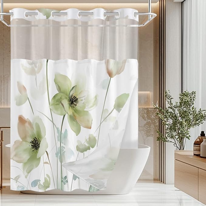 No Hook Shower Curtain and Liner Set, Light Green Floral 71x74 | Watercolor Boho Flower, with Snap in Liner, Mesh Top Window, Waterproof, Machine Washable, Quick-Drying, for Hotel Bathroom