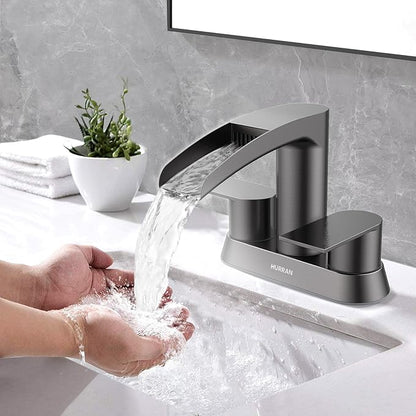 Bathroom Sink Faucet for 3 Hole, Hurran 4 Inch Bathroom Faucets with Pop-up Drain, Stainless Steel 2-Handle Waterfall Faucet for Bathroom Sink, Brushed Grey