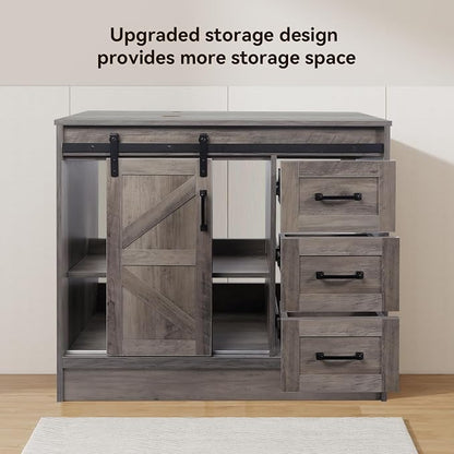36" Farmhouse Bathroom Vanity with Sink, Bathroom Storage Cabinet w/Sliding Barn Doors & Drawers, Freestanding Vanity with Brown Leaf Vessel Sink