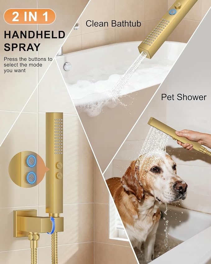 Brushed Gold Shower System with Tub Spout, Wall Mounted Bathtub Shower Faucet Set, 12" Rainfall Shower Head and Handheld Shower Combo, High Pressure Shower Fixtures Set with Rough-in Valve