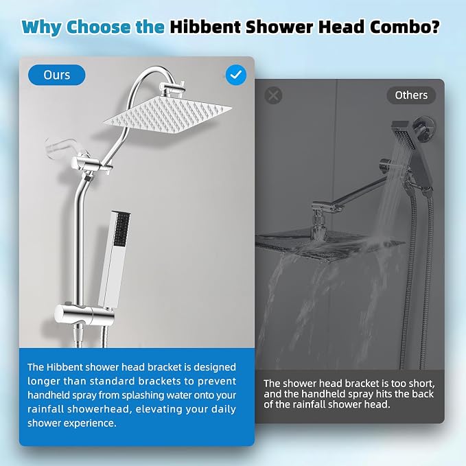 Hibbent 10'' Rainfall Shower Head with 4-mode Handheld Shower Spray, Chrome | cUPC Certified High Pressure Showerhead Combo, 12'' Adjustable Extension Arm, Extension Bar, Easy Reach Holder, 71'' Hose