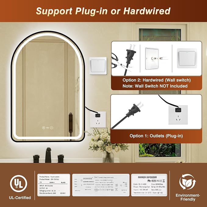 24x36 Inch Arched Black Framed LED Bathroom Mirror with Lights,Smart Bathroom Mirror,Motion Sensor,Tempered Glass,Anti-Fog,Stepless Dimmable & 3 Colors,Memory,Vanity Mirror for Wall