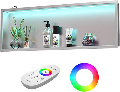 Stainless Led Shower Niche 36"x12" Brushed RGB Light No Tile Needed | 304 stainless steel shower niche,recessed dimmable niche shower,Led driver & remote control included,dropped in niche