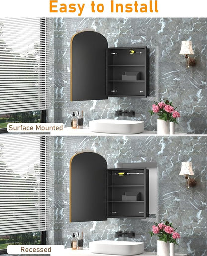 16x24 Inch Bronze Medicine Cabinet Mirror with Hand-Made Vintage Carving Flower and Aluminum Frame, Full Metal Cabinet, Recessed & Surface Mount, 2 Shelves, Arched Mirror with Storage for Bathroom