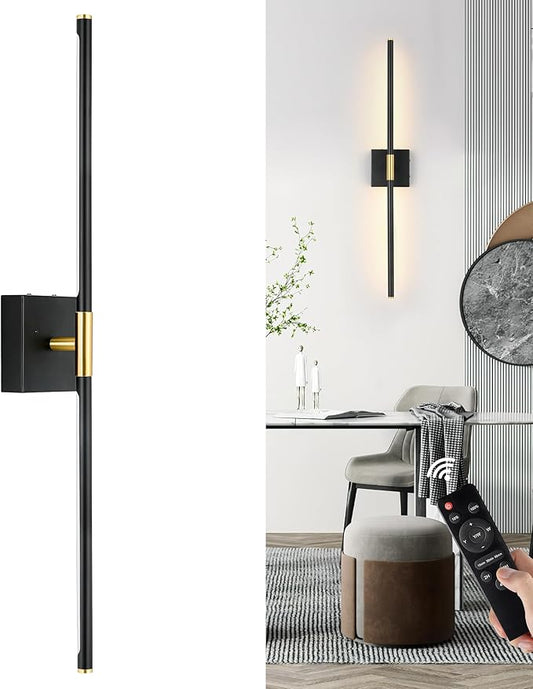 Battery Operated Wall Sconce Single, Black Gold Rechargeable Wall Sconce with Remote, Dimmable Sconce Wall Light, 30 Inch LED Wireless Wall Light for Background Wall, Bedroom,Living Room