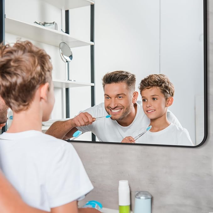 Bathroom Mirror, 60 x 30 inch Black Rectangle Wall Mirror, Metal Frame Rounded Corner Vanity Mirror, Large Wall Mounted Mirrors for Over Sink Bedroom Living Room Horizontal Or Vertical Mounting