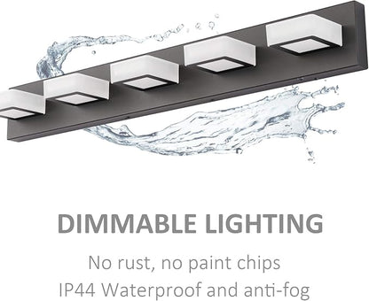 Ralbay Dimmable Matte Black Vanity Light Modern 5 Lights Acrylic Stainless Steel Vanity Wall Light Over Mirror Long LED Modern Bathroom Vanity Lighting Fixtures