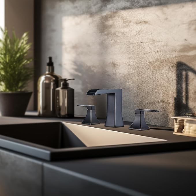 Oil Rubbed Bronze Bathroom Faucet, Sanliv 2-Handle Widespread Bathroom Faucet for 3-Hole Sinks 4-16 inch, Bronze Waterfall Vanity Faucet with Pop-Up Drain (ORB)
