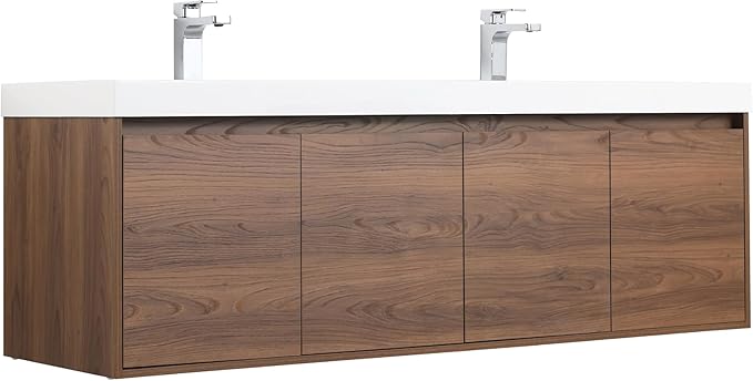 Blossom 60 Inch Floating Vanity Double Sink for Master Bath | Luxury Wall Mounted Bathroom Cabinet with Integrated Sinks | Professional-Grade Plywood & Pre-Assembled Design | Modern Walnut Finish