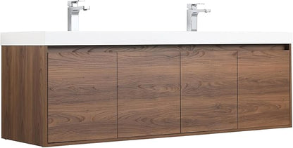 Blossom 60 Inch Floating Vanity Double Sink for Master Bath | Luxury Wall Mounted Bathroom Cabinet with Integrated Sinks | Professional-Grade Plywood & Pre-Assembled Design | Modern Walnut Finish