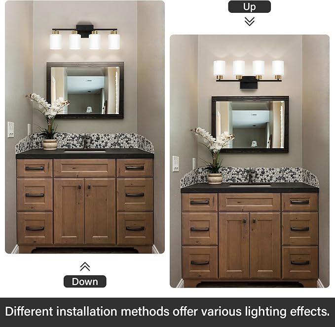 FonmYim Black and Gold Bathroom Light Fixtures Vanity Lights Over Mirror | Modern 4-Light lighting fixtures for bathroom with Milky White Frosted Glass Shades, E26 Socket (Bulbs Not Included)