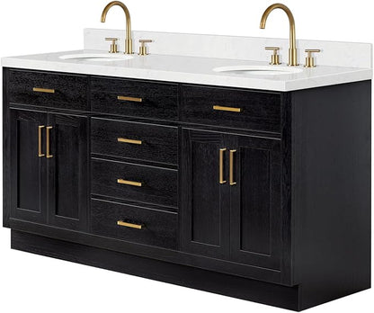 ARIEL Hepburn 66-inch Bathroom Vanity with Sink,Solid Wood, 1.5-inch Carrara White Quartz Countertop & Backsplash, Double Oval Porcelain Sink, 4 Soft Closing Doors, 6 Dovetail Drawers, Black Oak