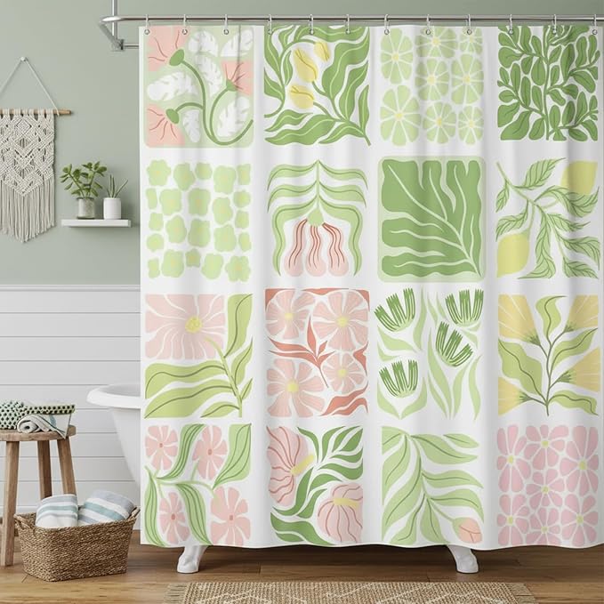 JAWO Sage Green Cute Boho Floral Shower Curtain, Colorful Abstract Floral Retro Aesthetic Shower Curtain for Bathroom, Funky Unique Waterproof Fabric Polyester Bath Curtains with Hooks,69Wx84H
