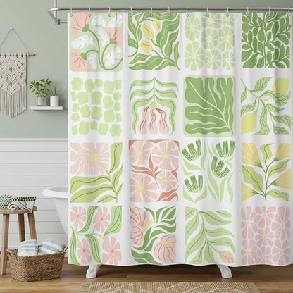 JAWO Sage Green Cute Boho Floral Shower Curtain, Colorful Abstract Floral Retro Aesthetic Shower Curtain for Bathroom, Funky Unique Waterproof Fabric Polyester Bath Curtains with Hooks,69Wx84H