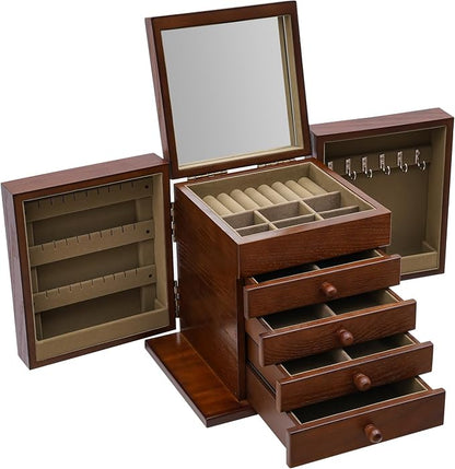 Extra Large Four-Leaf Carved 5 Layers Wooden Jewelry Box Jewelry Case Cabinet Armoire Ring Necklacel Gift Storage Box Organizer (5 Layers,Brown,Style 2)