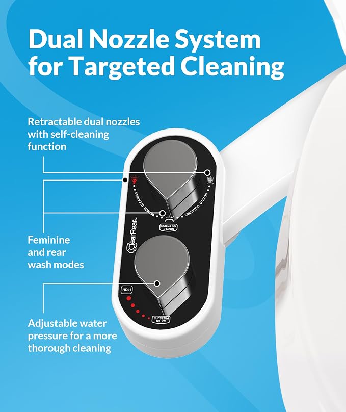 CLEAR REAR Bidet Attachment for Toilet Seat - Non-Electric with Self Cleaning Dual Nozzles, Leak Proof Connectors, Adjustable Water Spray, Rear & Feminine Wash - Hygienic Bathroom Upgrades
