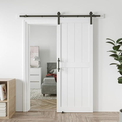 32in x 96in MDF Sliding Barn Door with 6ft Barn Door Hardware Kit & Handle | White Solid Barn Door Slab Covered with Water-Proof PVC Surface, Pre-Drilled Holes Easy Assembly, H-Frame