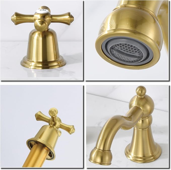 RKF Bathroom Faucets for Sink 3 Hole Gold 8 inch Widespread Bathroom Sink Faucet with Drain 2 Handles Cross Knobs Faucet Bathroom Vanity Faucet Basin Mixer Tap CWF033-BG