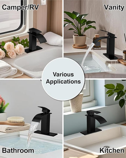 Midanya Bathroom Faucet with Waterfall Spout, Single Hole or 3-Hole Deck Mount, 304 Stainless Steel Sink Faucet with Pop-Up Drain, RV Vanity Compatible,Matte Black