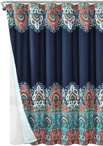 Lush Decor Bohemian Meadow Shower Curtain with Liner and Rings 14 Piece Set 72" W x 72" L Navy - Boho Shower Curtain Set - Colorful Bathroom Curtains
