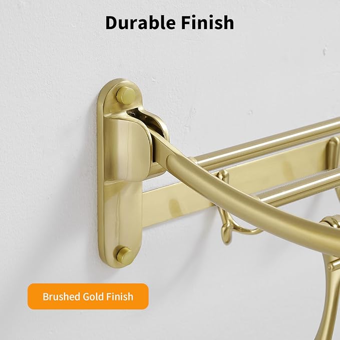 Towel Racks with Foldable Towel Bar Hooks, Wall Mounted Brushed Gold | 24 Inch Bathroom Towel Shelf Holder, Multifunctional Storage Bathroom Accessories, Double Towel Bars, Rust-resistant Metal