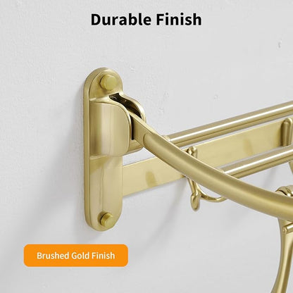 Towel Racks with Foldable Towel Bar Hooks, Wall Mounted Brushed Gold | 24 Inch Bathroom Towel Shelf Holder, Multifunctional Storage Bathroom Accessories, Double Towel Bars, Rust-resistant Metal
