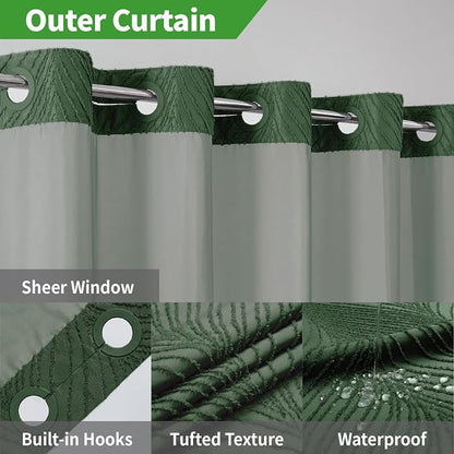 No Hook Shower Curtain and Liner Set,No Hook Tufted Striped Textured Shower Curtain with Snap in Liner Replacement and Waterproof Fabric,Boho Style with See Through Top Window,DarkGreen,71Wx86H