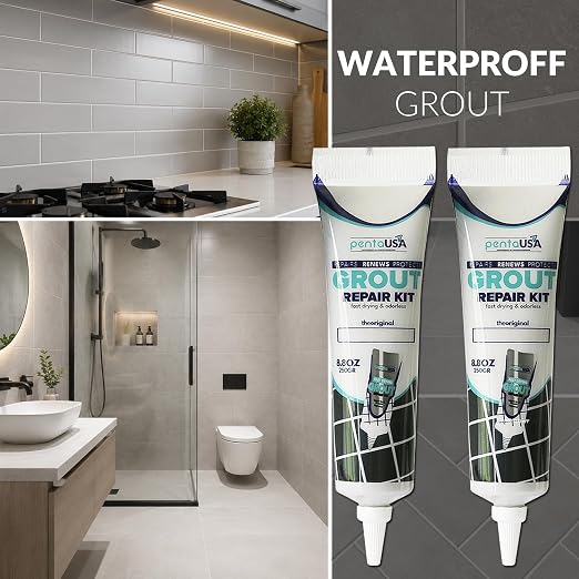 Premixed Tile Grout Repair- Modern Light Gray 2-Pack (17.6oz/500g) | Acrylic sanded formula, for bathroom shower kitchen tile, water-resistant, 24-hour cure, 58 sq ft, value 2-pack