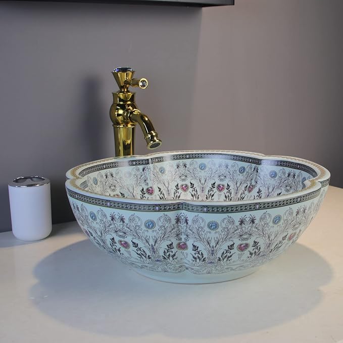 Bathroom Vessel Sinks Europe Style Light Blue Flower Shape Above Counter Ceramic Sink for Vanity Top