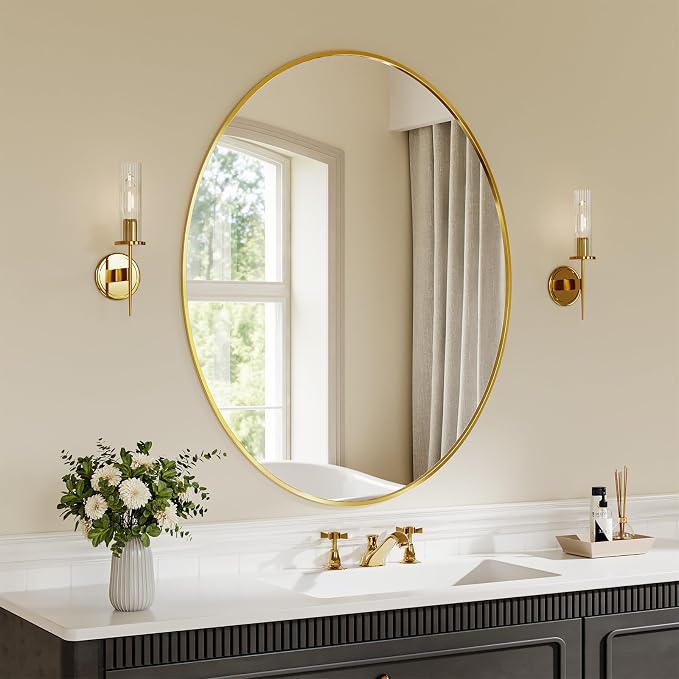 Koonmi Gold Oval Bathroom Mirror, 26"x37" Oval Mirror for Wall | Shatterproof Bathroom Vanity Mirror for Bedroom Living Room Entryway, Horizontal or Vertical, Hardware Included