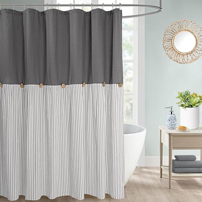 DOSLY Ides Farmhouse Shower Curtain, Beige and Gray Stripe, Button Curtain, Linen and Cotton Woven Fabric, Rustic Charm Country Chic Style, 72x78 in