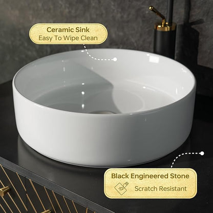 Woodbridge 60"X22" Bathroom Vanity with Double Ceramic Round Vessel Sinks,Black Engineered Stone Vanity Top– Hand-Painted Black & Gold Accents, Sleek Thin-Leg Frame, Space-Saving for Modern Living